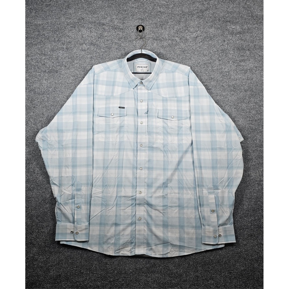 Poncho Long Sleeve Shirt Mens Size XXL Regular Fit Blue White Plaid Pearl Snap
